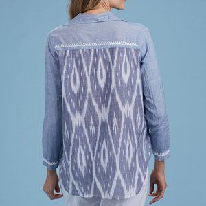 FRESH PRODUCE 46" bust Everyday Button Down Shirt blue embroid. cotton chambray